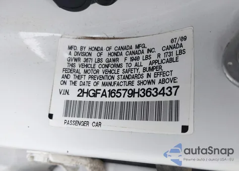2009 Honda Civic Lx from USA, damaged, VIN 2HGFA16579H363437